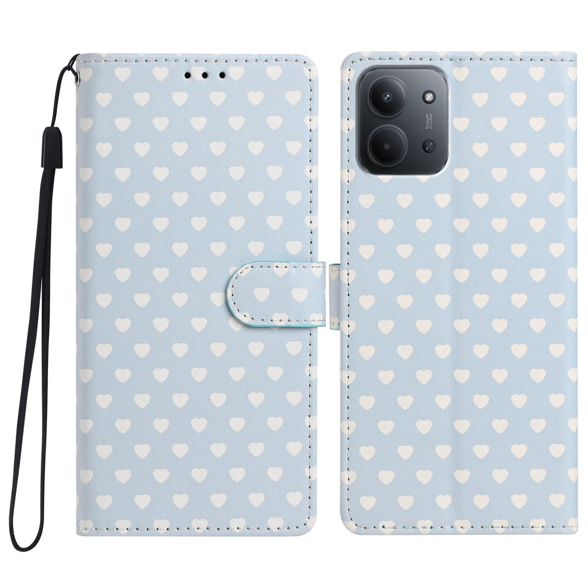 For Redmi 15C 5G / 4G EU 173mm Hearts Pattern Buckle Vegan Leather Phone Case with Strap - Blue Hearts - EDA009718720E