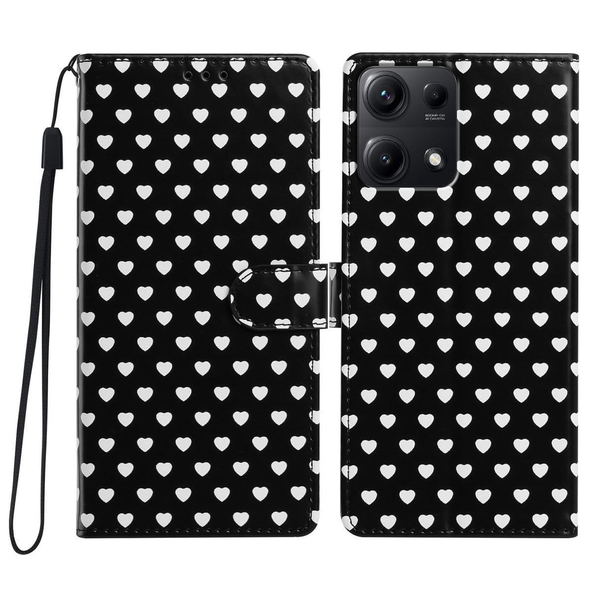 For Redmi Note 14S 4G Hearts Pattern Buckle Vegan Leather Phone Case with Strap - Black Hearts - EDA009718721A