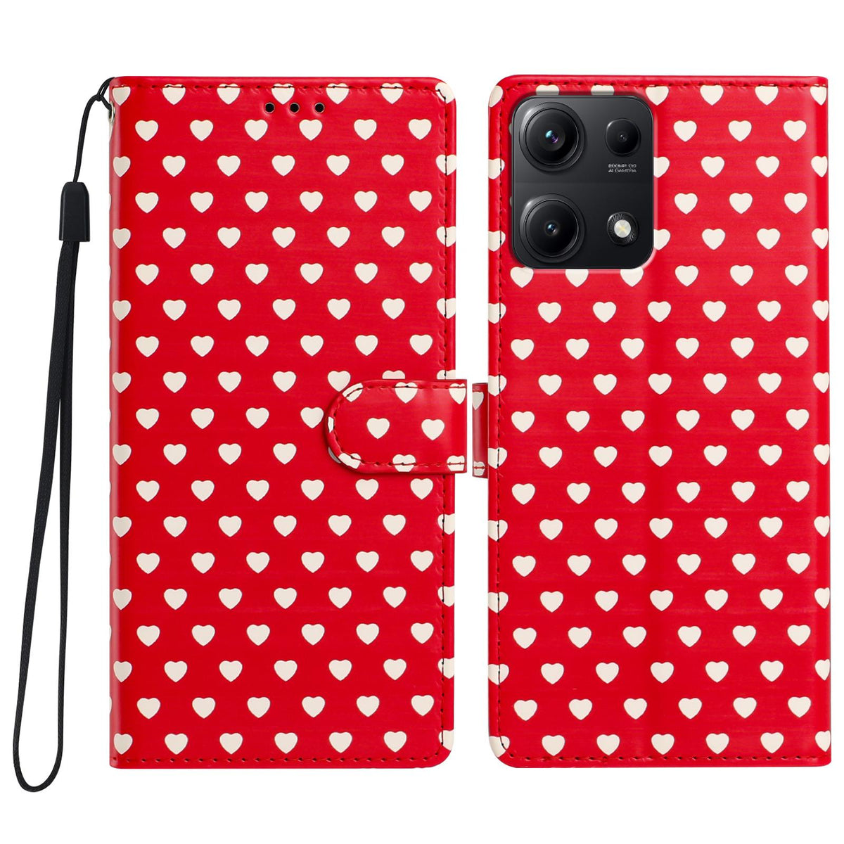 For Redmi Note 14S 4G Hearts Pattern Buckle Vegan Leather Phone Case with Strap - Red Hearts - EDA009718721C