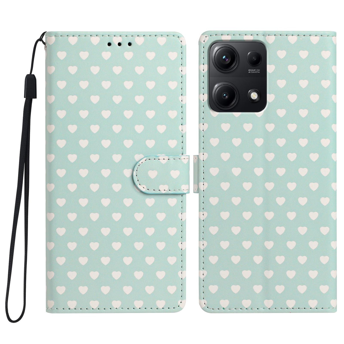 For Redmi Note 14S 4G Hearts Pattern Buckle Vegan Leather Phone Case with Strap - Mint Green Hearts - EDA009718721D