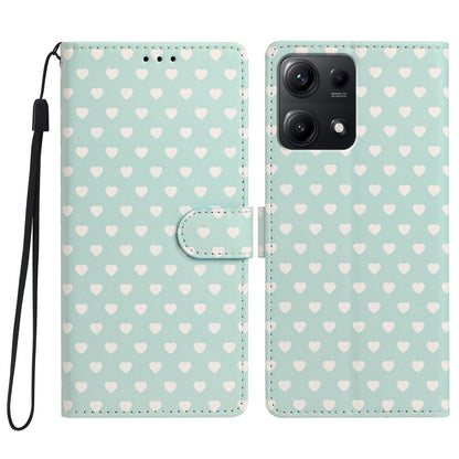 For Redmi Note 14S 4G Hearts Pattern Buckle Vegan Leather Phone Case with Strap - Mint Green Hearts - EDA009718721D