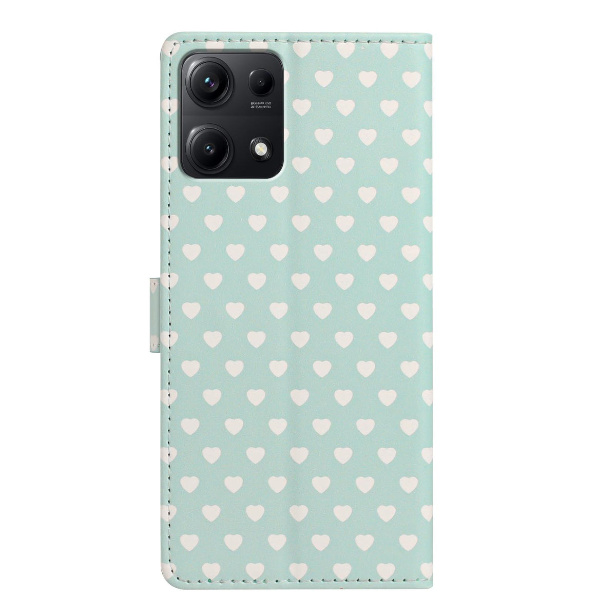 For Redmi Note 14S 4G Hearts Pattern Buckle Vegan Leather Phone Case with Strap - Mint Green Hearts - EDA009718721D