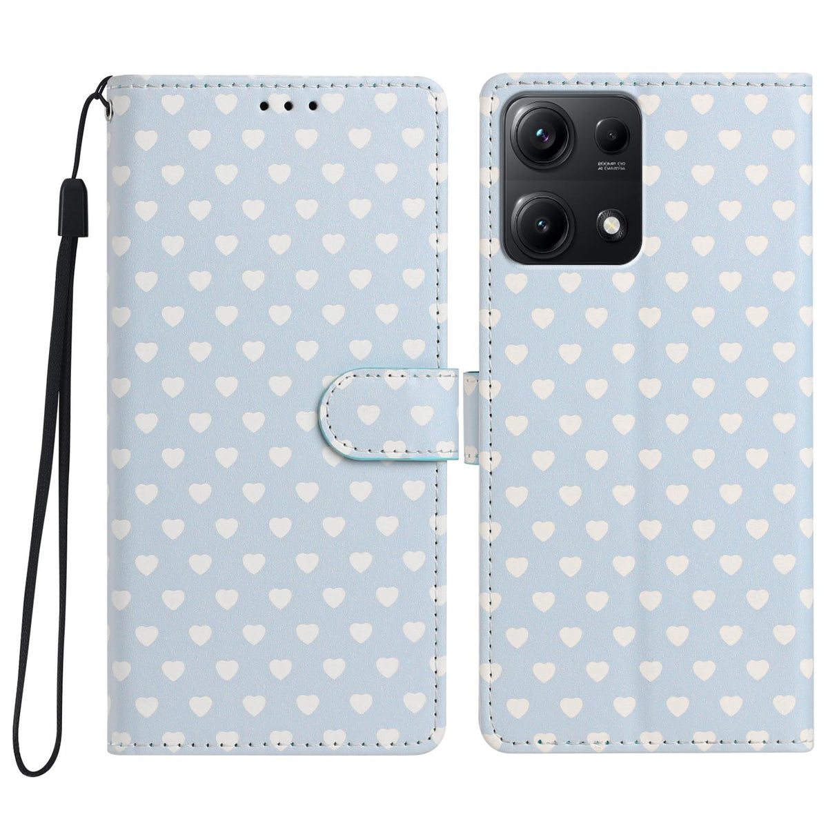 For Redmi Note 14S 4G Hearts Pattern Buckle Vegan Leather Phone Case with Strap - Blue Hearts - EDA009718721E