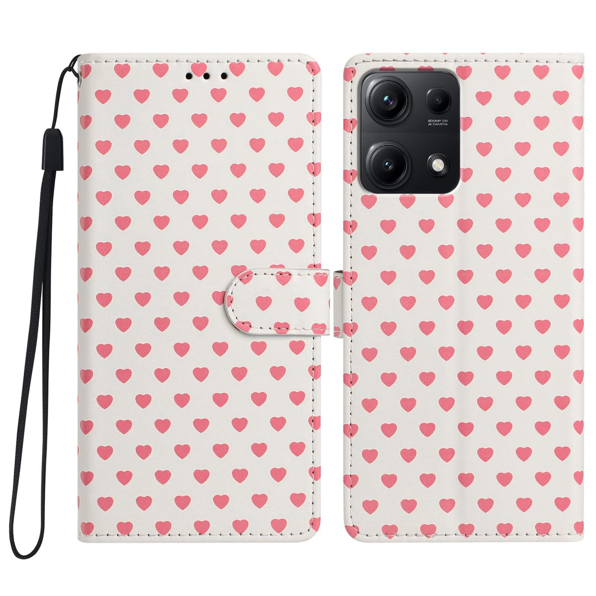 For Redmi Note 14S 4G Hearts Pattern Buckle Vegan Leather Phone Case with Strap - Beige Hearts - EDA009718721F
