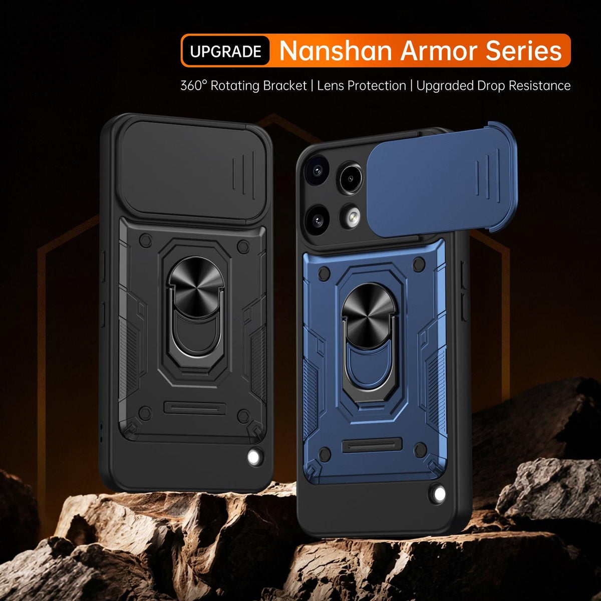 For Nothing Phone 3a Lite Nanshan Armor Sliding Camshield Ring Holder Phone Case - Black - EDA009719001C