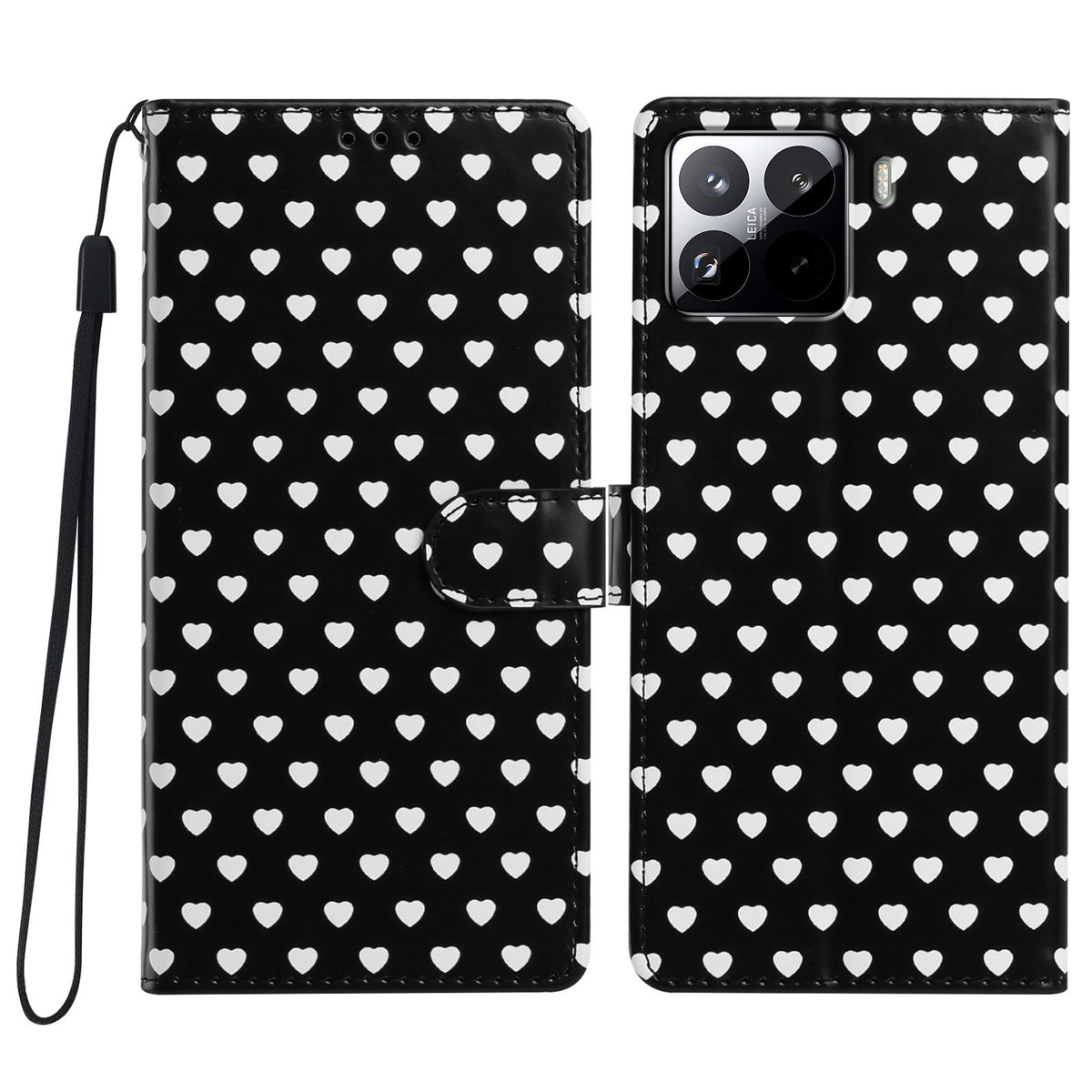 For Xiaomi 15S Pro Hearts Pattern Buckle Vegan Leather Phone Case with Strap - Black Hearts - EDA009719506A