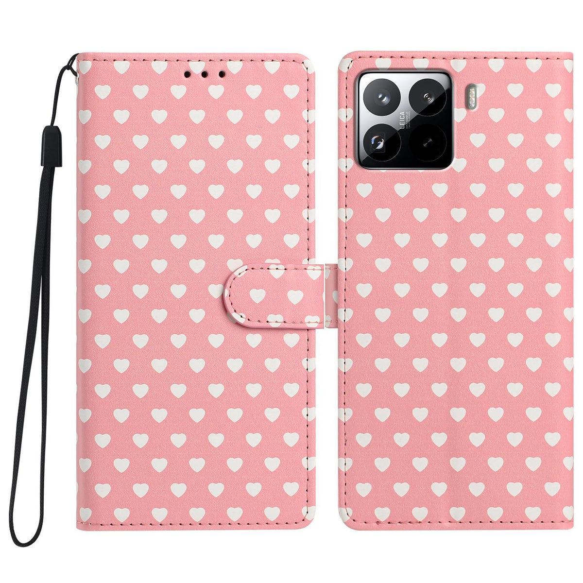 For Xiaomi 15S Pro Hearts Pattern Buckle Vegan Leather Phone Case with Strap - Pink Hearts - EDA009719506B