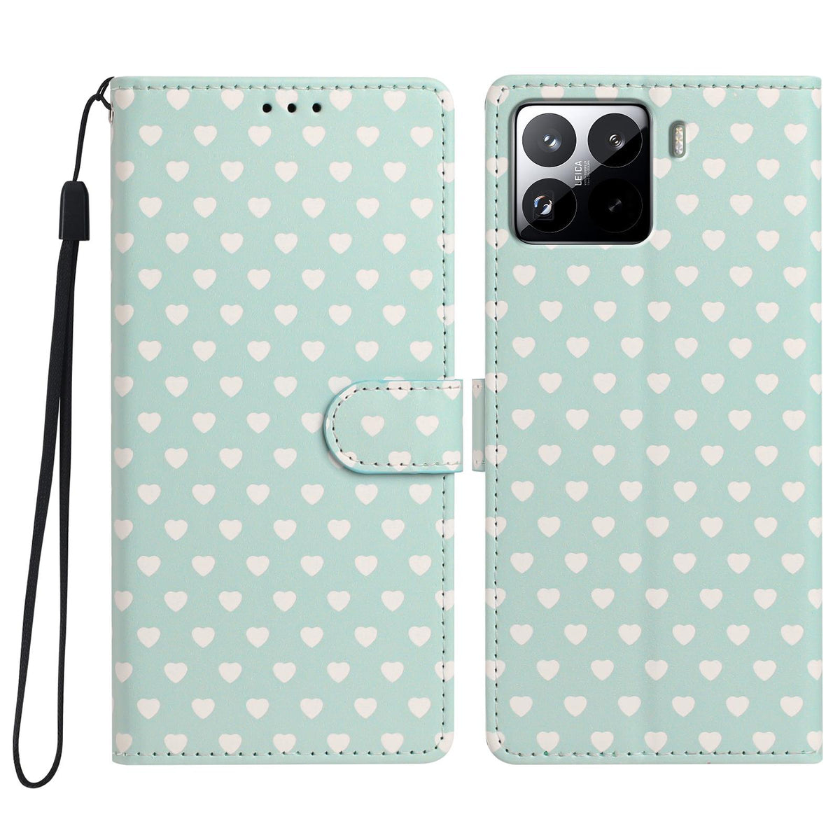 For Xiaomi 15S Pro Hearts Pattern Buckle Vegan Leather Phone Case with Strap - Mint Green Hearts - EDA009719506D