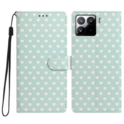 For Xiaomi 15S Pro Hearts Pattern Buckle Vegan Leather Phone Case with Strap - Mint Green Hearts - EDA009719506D