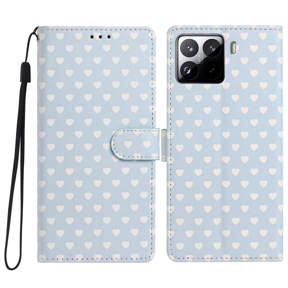For Xiaomi 15S Pro Hearts Pattern Buckle Vegan Leather Phone Case with Strap - Blue Hearts - EDA009719506E
