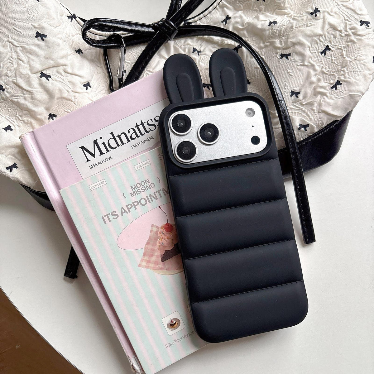 For iPhone 14 Bunny Ears Puffer TPU Phone Case - Black - EDA009720310D