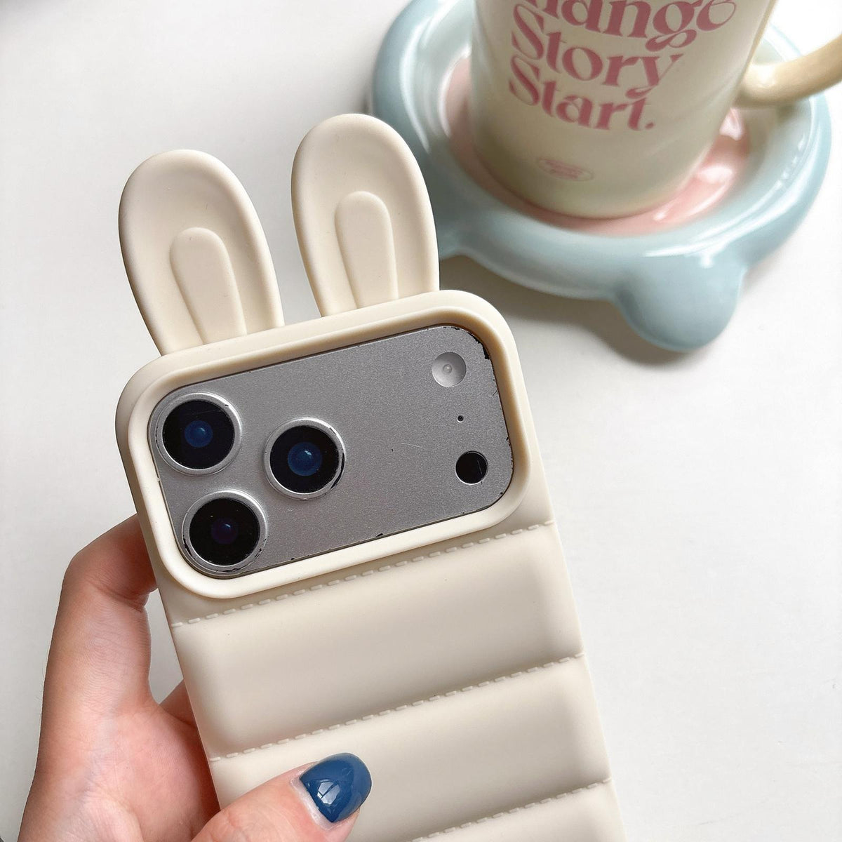 For iPhone 16 Bunny Ears Puffer TPU Phone Case - White - EDA009720306A