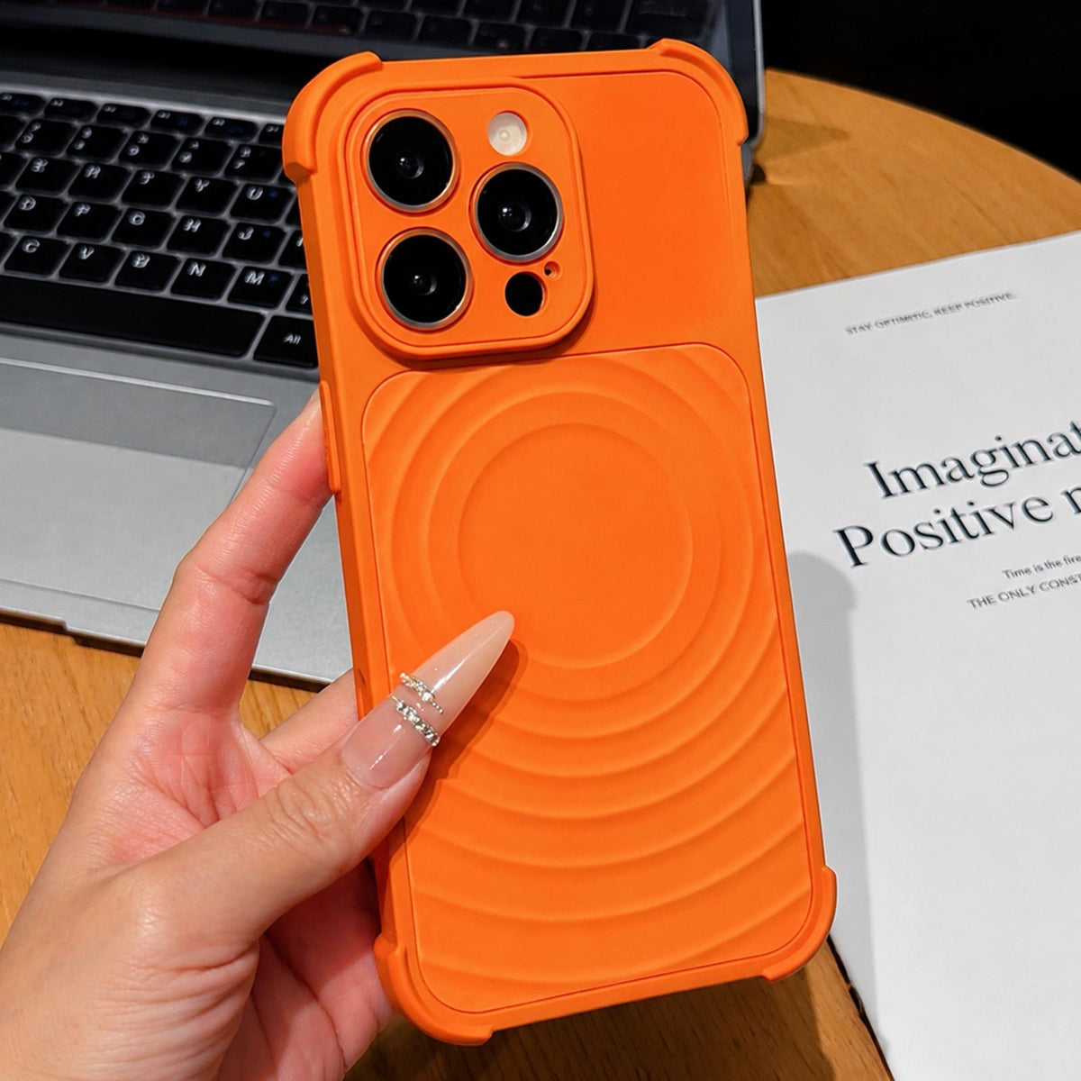 For iPhone 14 Pro Max Water Ripple Texture Magnetic Phone Case with Lens Film - Orange - EDA009720506B