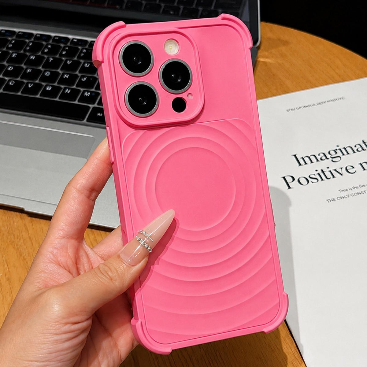For iPhone 14 Pro Max Water Ripple Texture Magnetic Phone Case with Lens Film - Rose Red - EDA009720506E