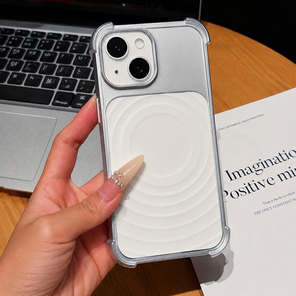 For iPhone 15 Water Ripple Texture Magnetic Phone Case with Lens Film - White - EDA009720507A