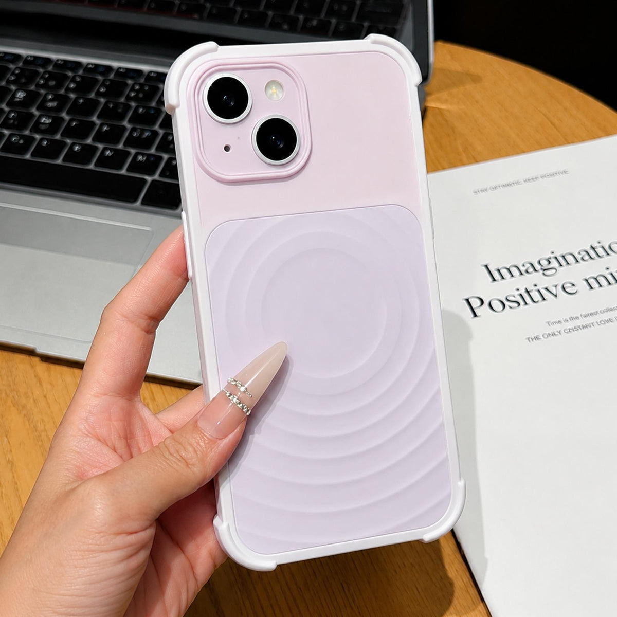 For iPhone 15 Water Ripple Texture Magnetic Phone Case with Lens Film - Pink - EDA009720507C