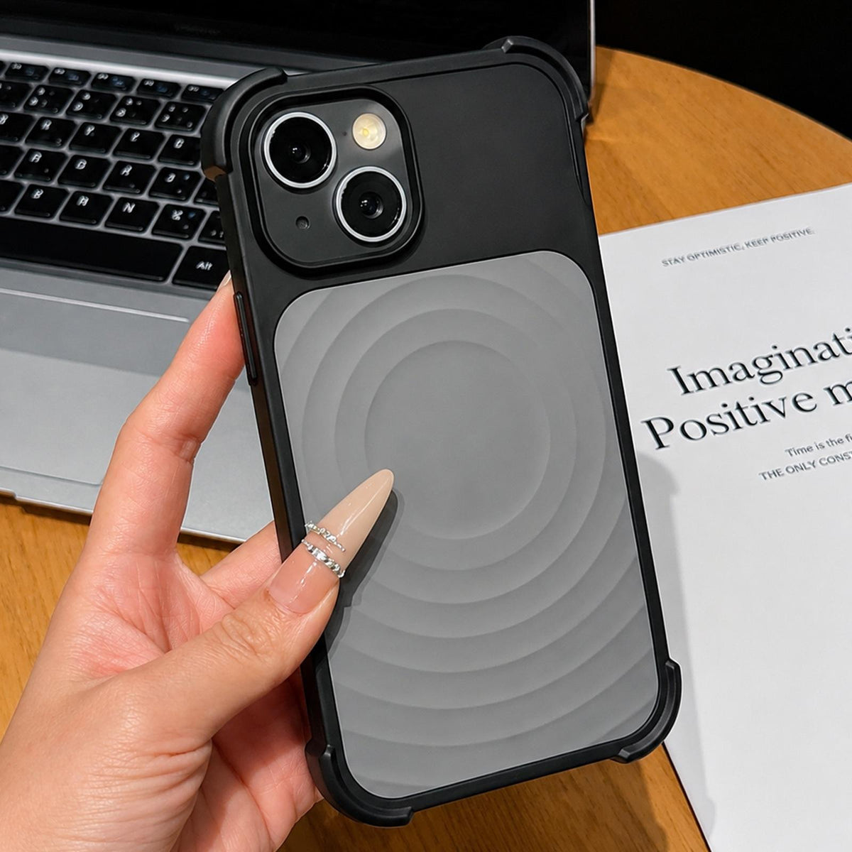 For iPhone 15 Water Ripple Texture Magnetic Phone Case with Lens Film - Black - EDA009720507D
