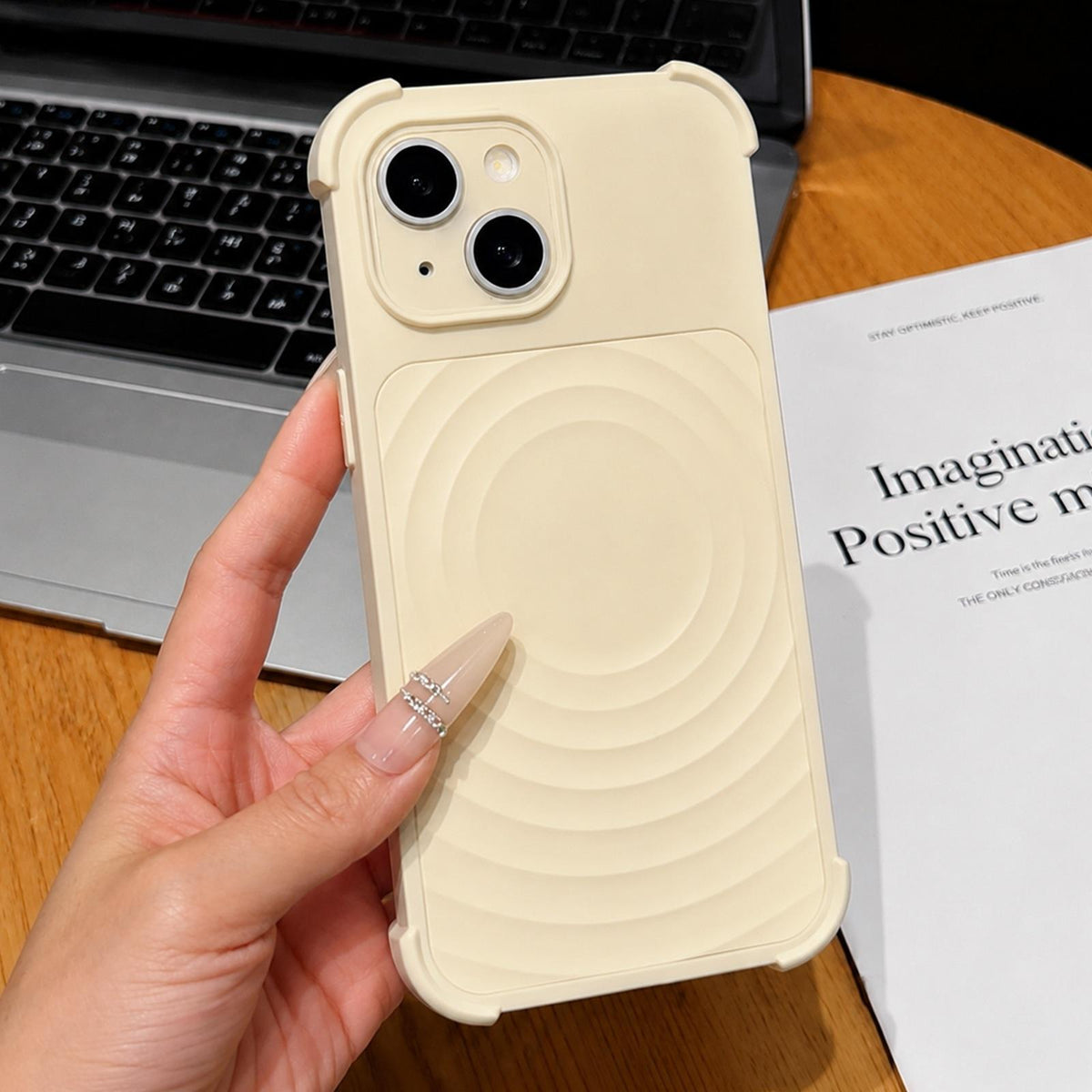 For iPhone 15 Water Ripple Texture Magnetic Phone Case with Lens Film - Creamy Yellow - EDA009720507F