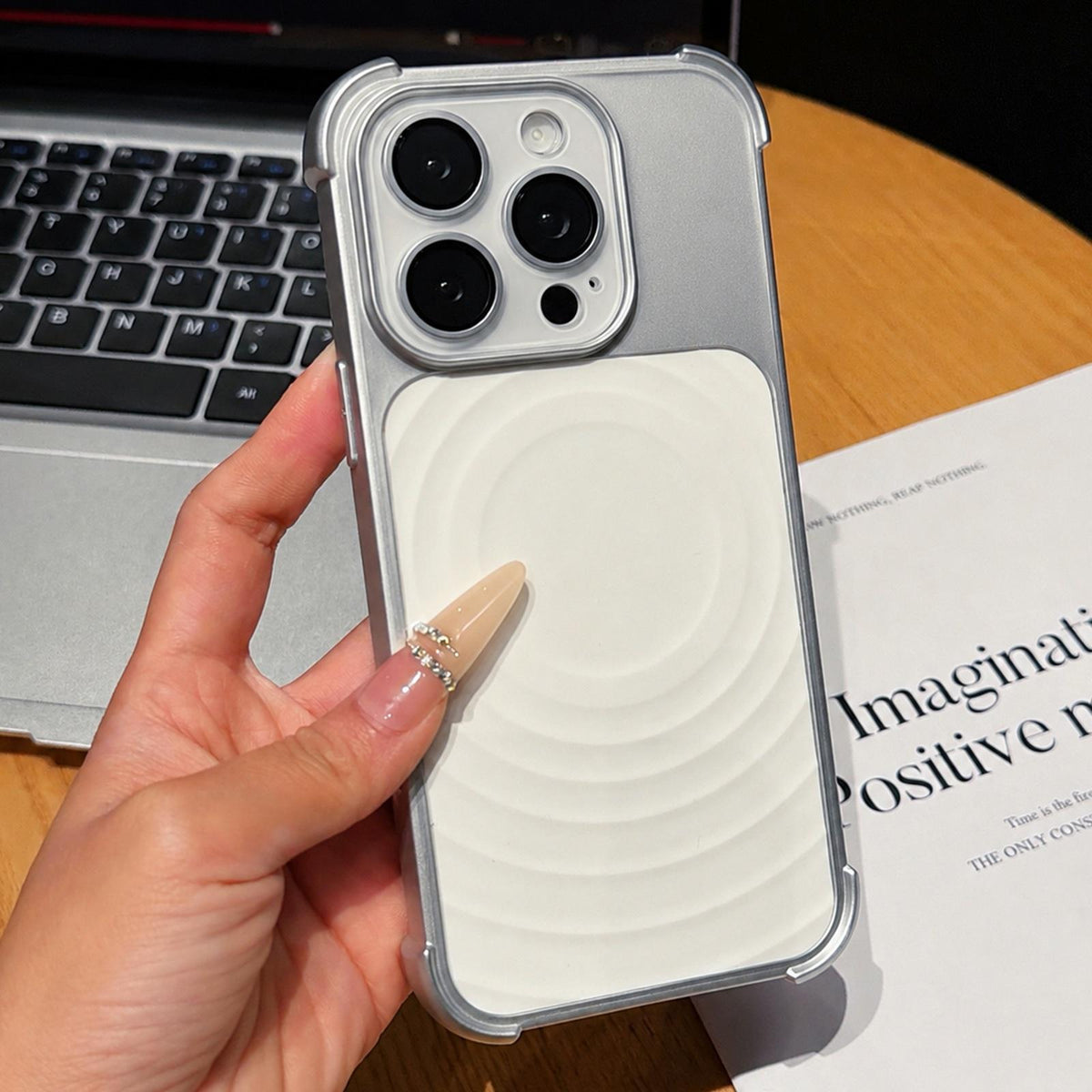 For iPhone 16 Pro Max Water Ripple Texture Magnetic Phone Case with Lens Film - White - EDA009720512A