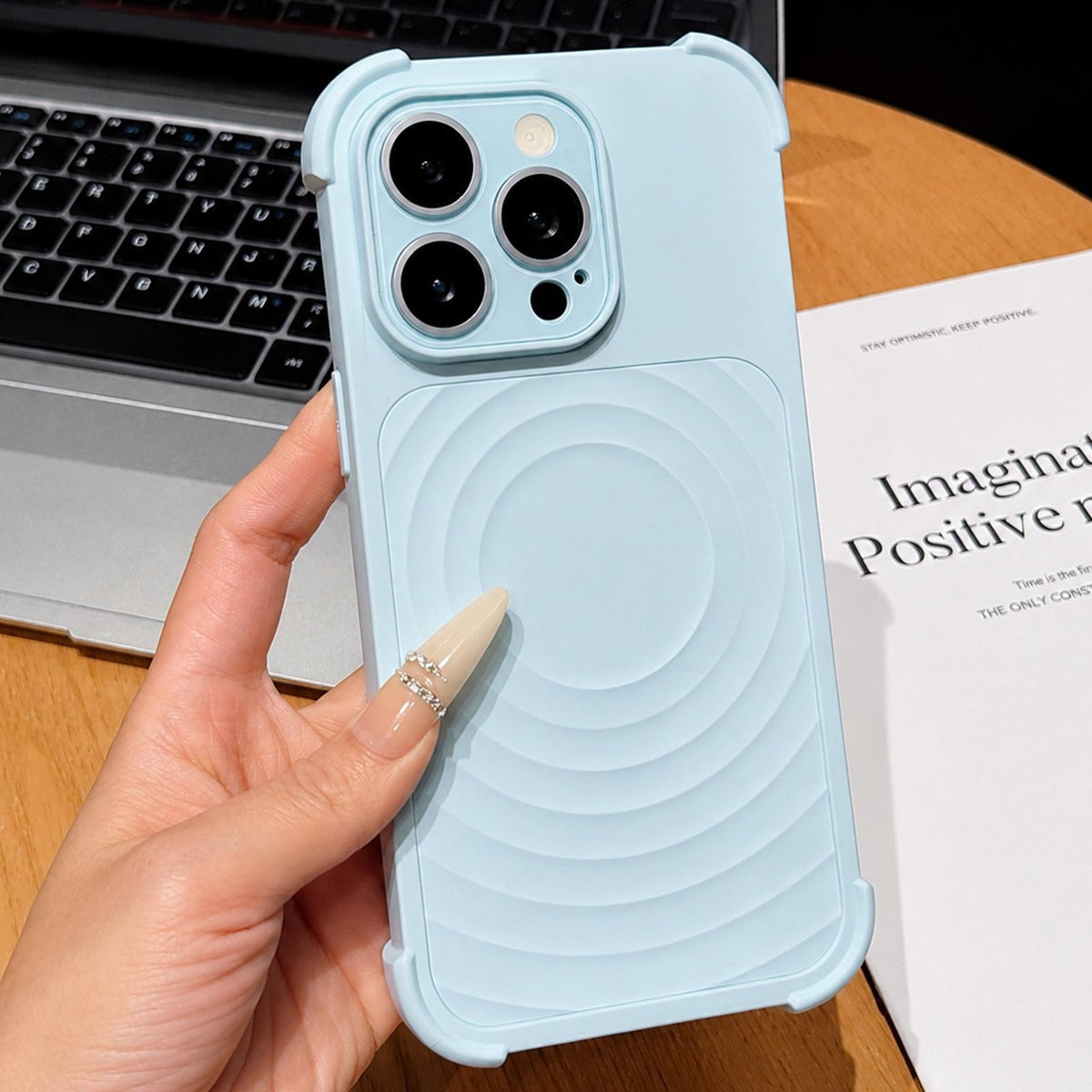 For iPhone 16 Pro Max Water Ripple Texture Magnetic Phone Case with Lens Film - Sky Blue - EDA009720512G