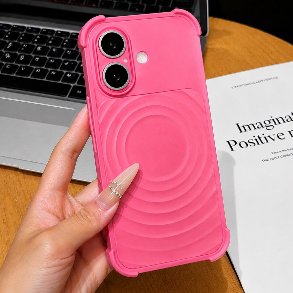 For iPhone 17 Water Ripple Texture Magnetic Phone Case with Lens Film - Rose Red - EDA009720513E