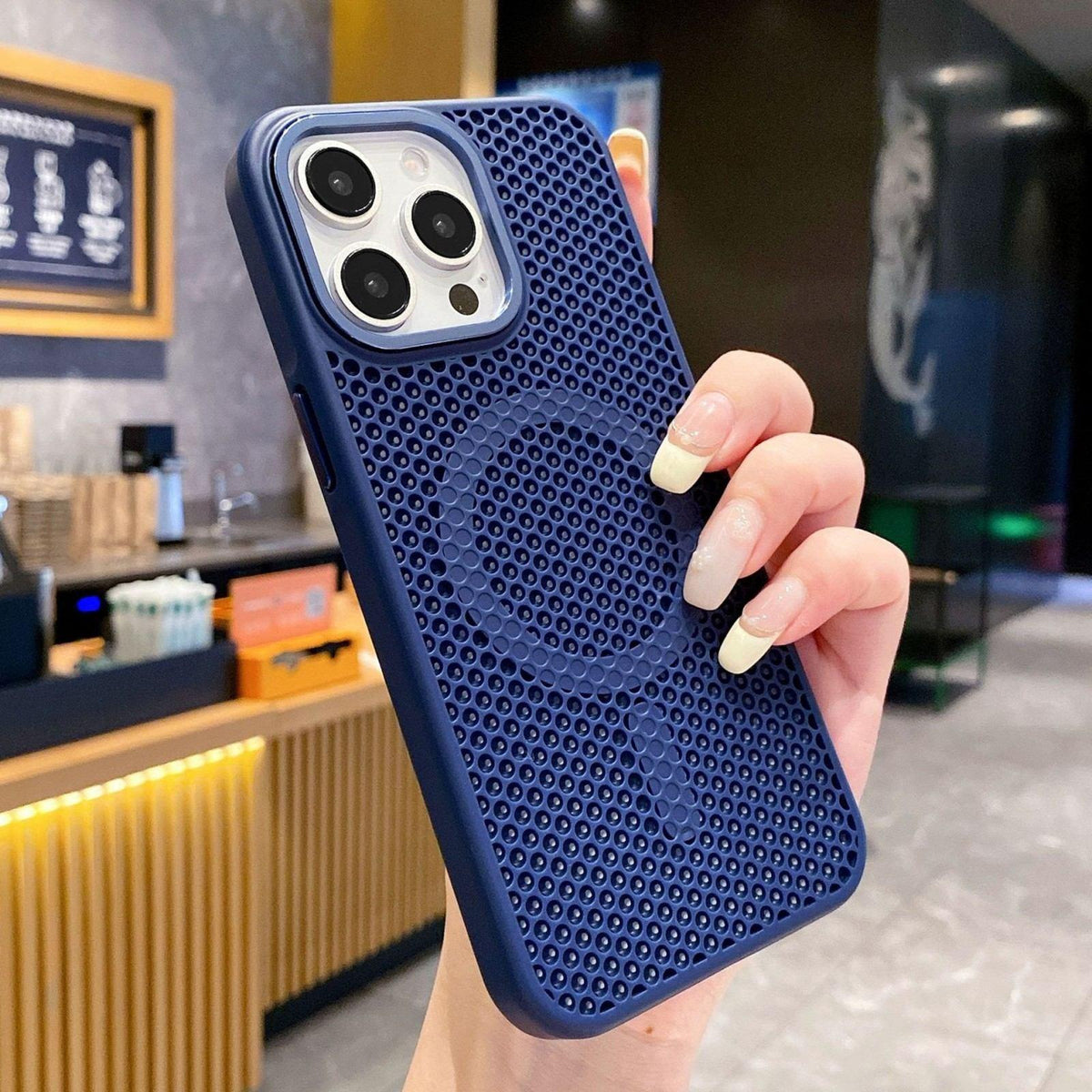 For iPhone 13 Pro Max Skin Feel Honeycomb Cooling Magnetic Phone Case - Dark Blue - EDA009720808I