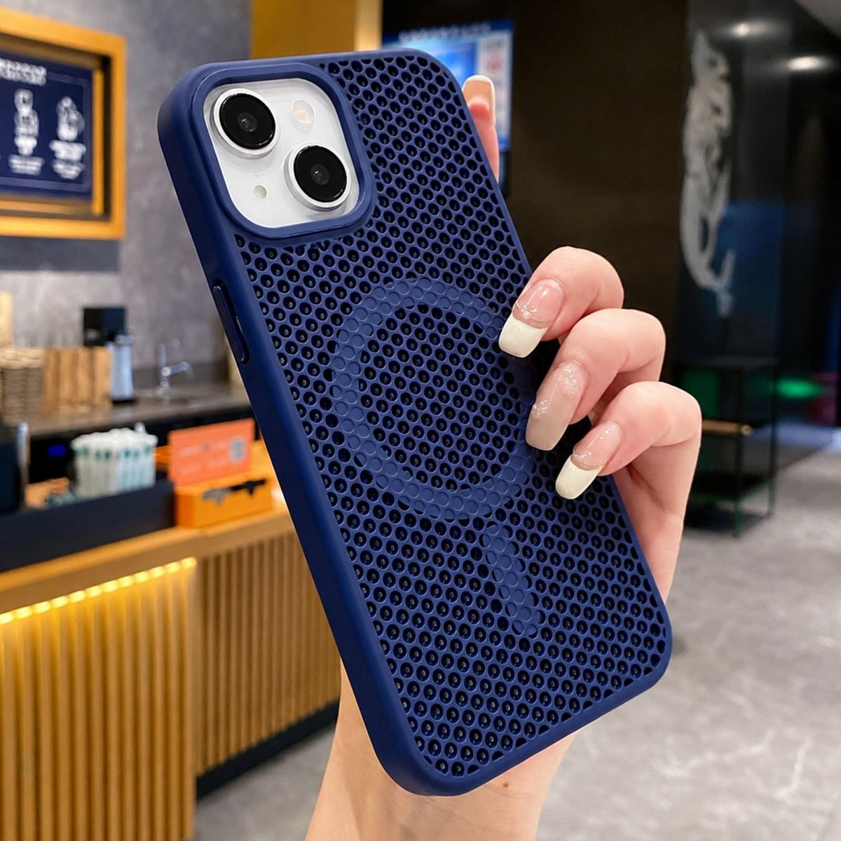 For iPhone 15 Skin Feel Honeycomb Cooling Magnetic Phone Case - Dark Blue - EDA009720813I