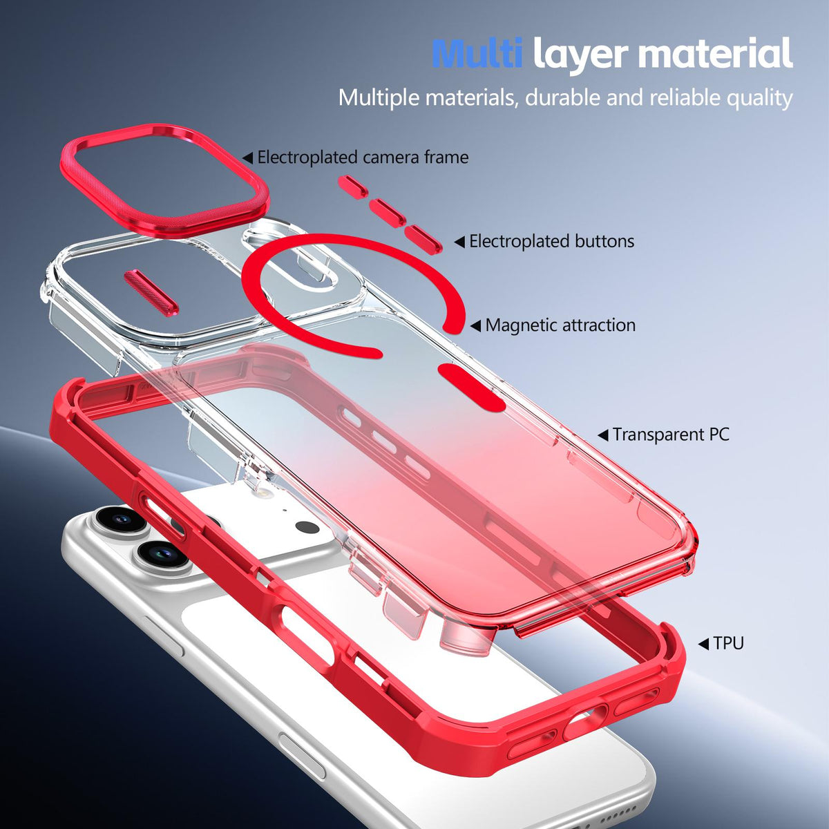 For iPhone 12 Transparent Gradient Magnetic Phone Case - Red - EDA009721103C