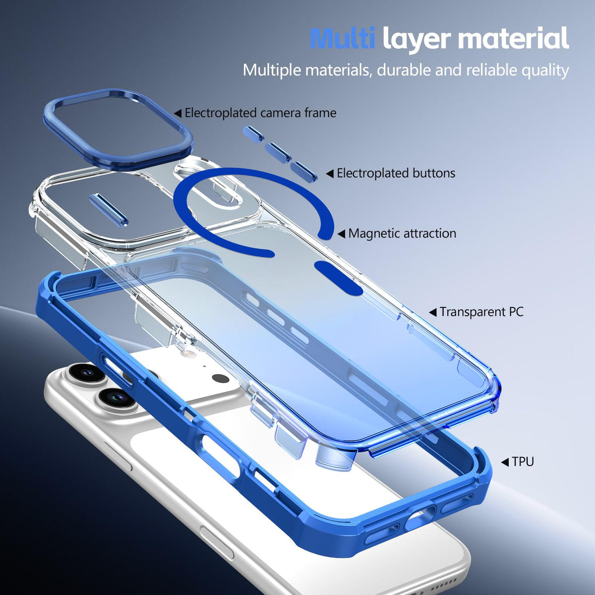 For iPhone 14 Pro Max Transparent Gradient Magnetic Phone Case - Blue - EDA009721111E