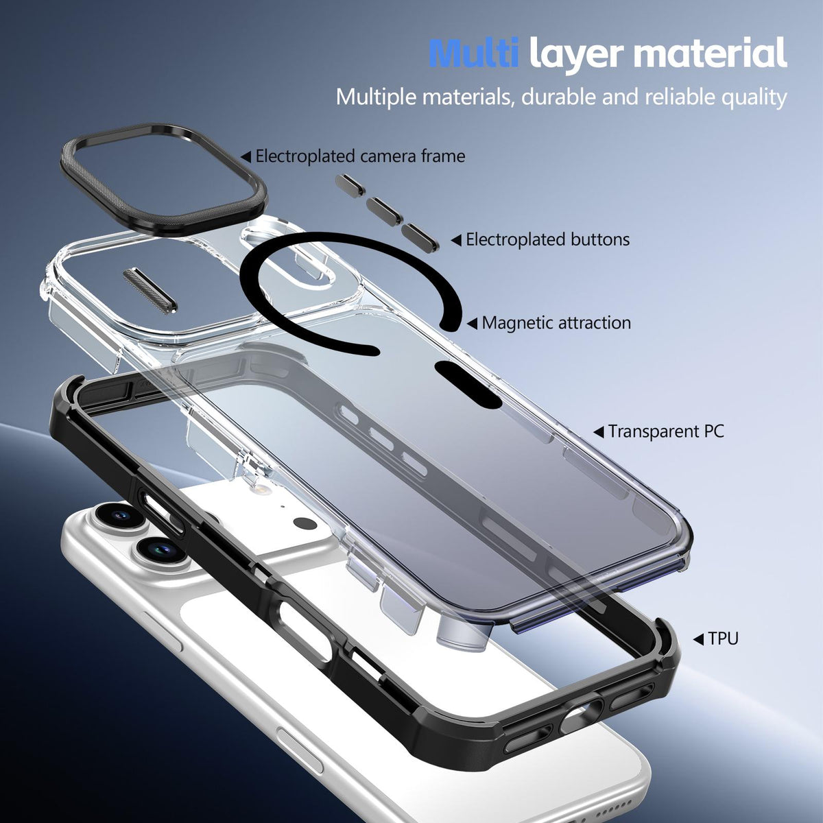 For iPhone 16 Plus Transparent Gradient Magnetic Phone Case - Black - EDA009721118B