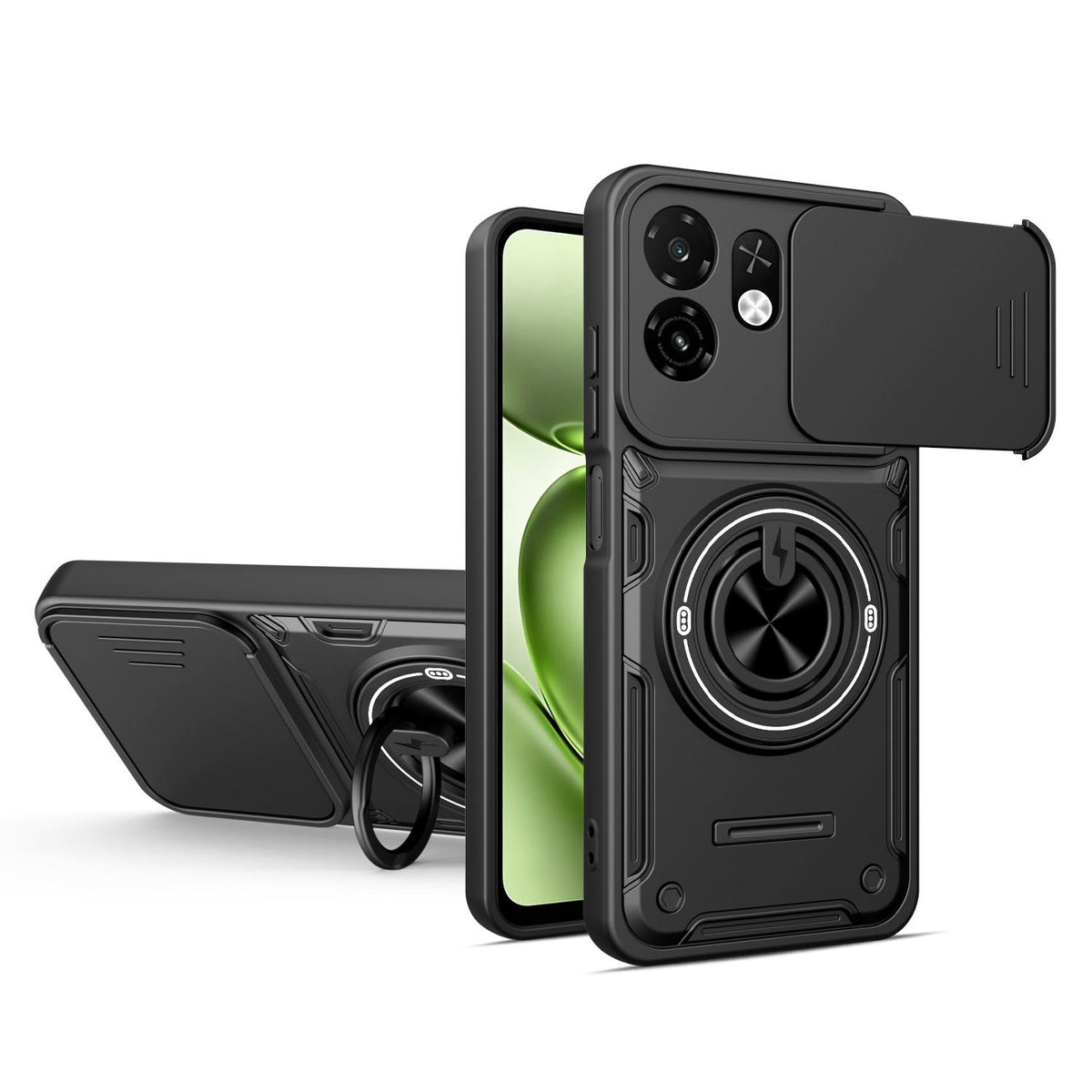 For Itel A100C 4G Multifunctional Sliding Camshield Ring Holder Phone Case - Black - EDA009721301C
