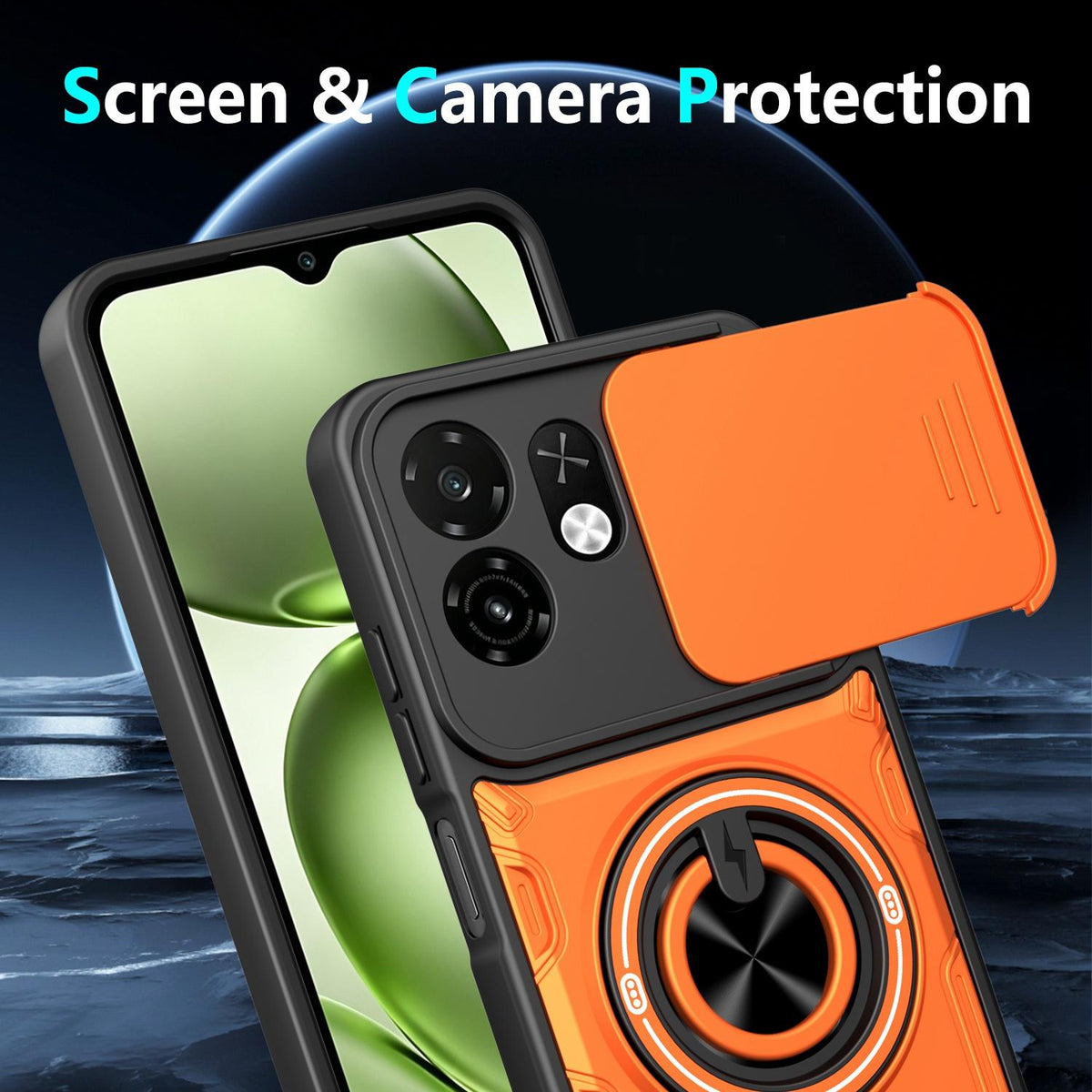 For Itel A100C 4G Multifunctional Sliding Camshield Ring Holder Phone Case - Black - EDA009721301C