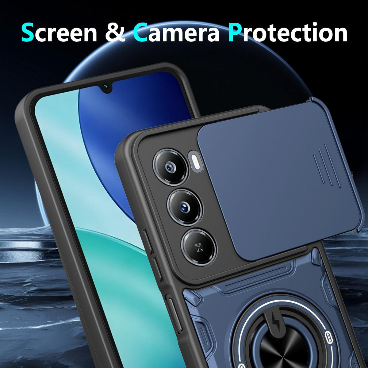 For Itel A100 4G Multifunctional Sliding Camshield Ring Holder Phone Case - Blue - EDA009721302B