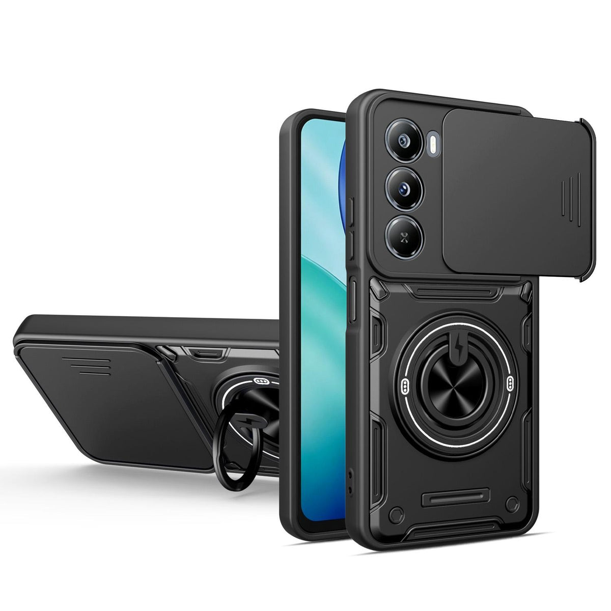 For Itel A100 4G Multifunctional Sliding Camshield Ring Holder Phone Case - Black - EDA009721302C