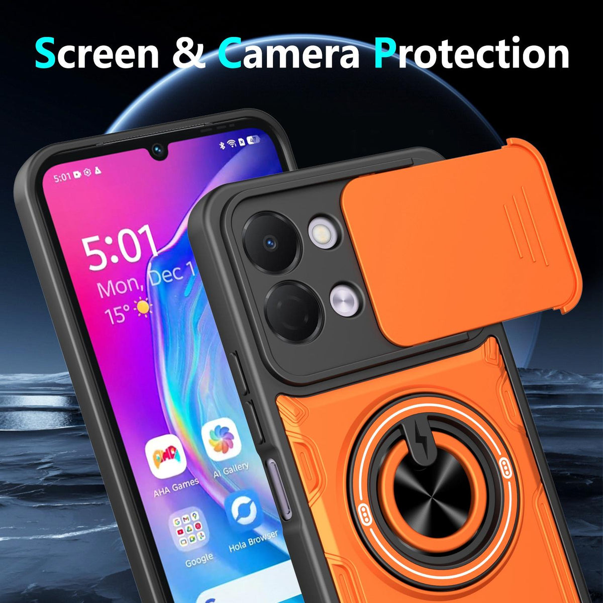For Tecno Spark Go 3 / Pop 20 4G Multifunctional Sliding Camshield Ring Holder Phone Case - Orange - EDA009722306A