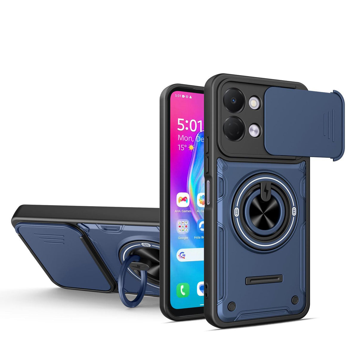 For Tecno Spark Go 3 / Pop 20 4G Multifunctional Sliding Camshield Ring Holder Phone Case - Blue - EDA009722306B