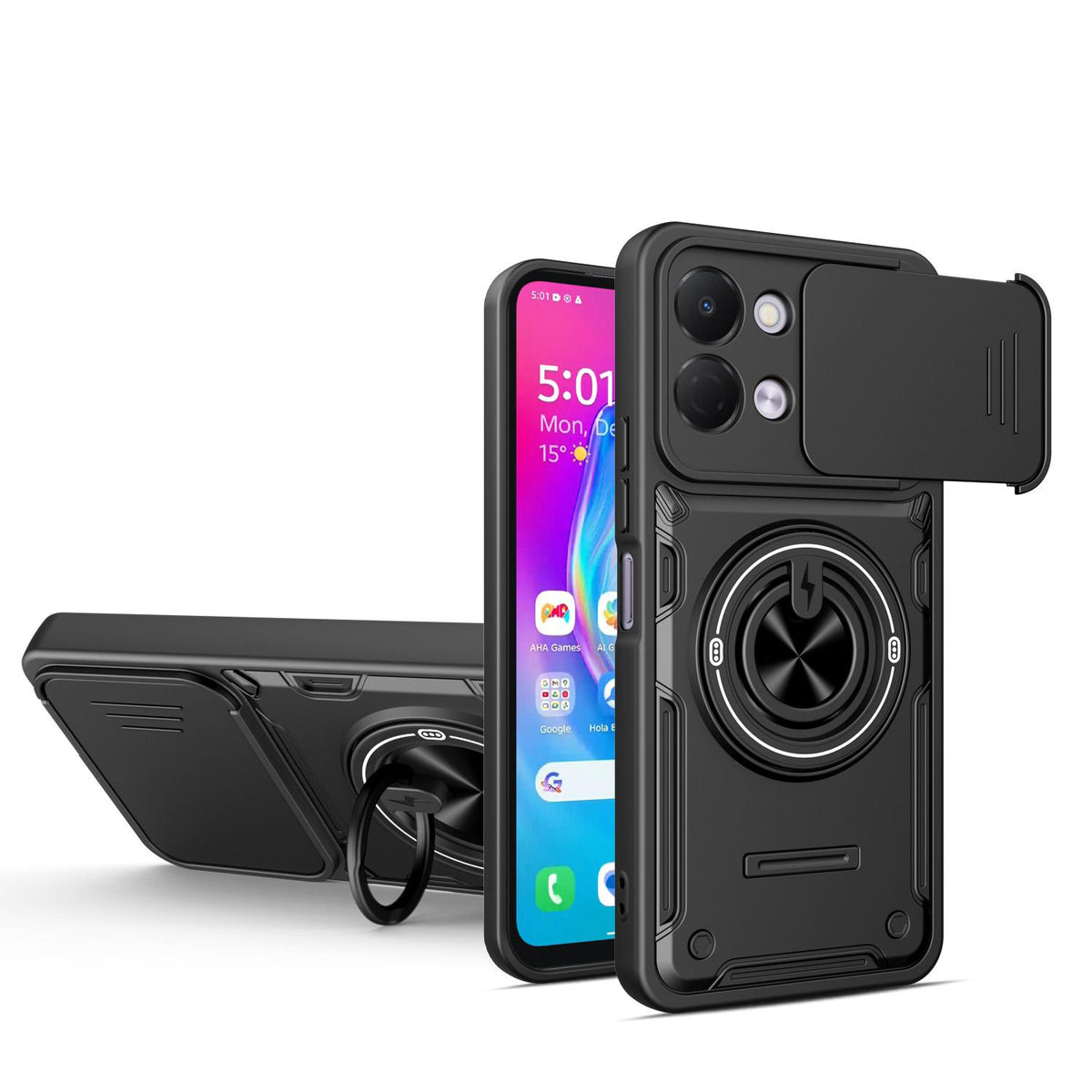 For Tecno Spark Go 3 / Pop 20 4G Multifunctional Sliding Camshield Ring Holder Phone Case - Black - EDA009722306C