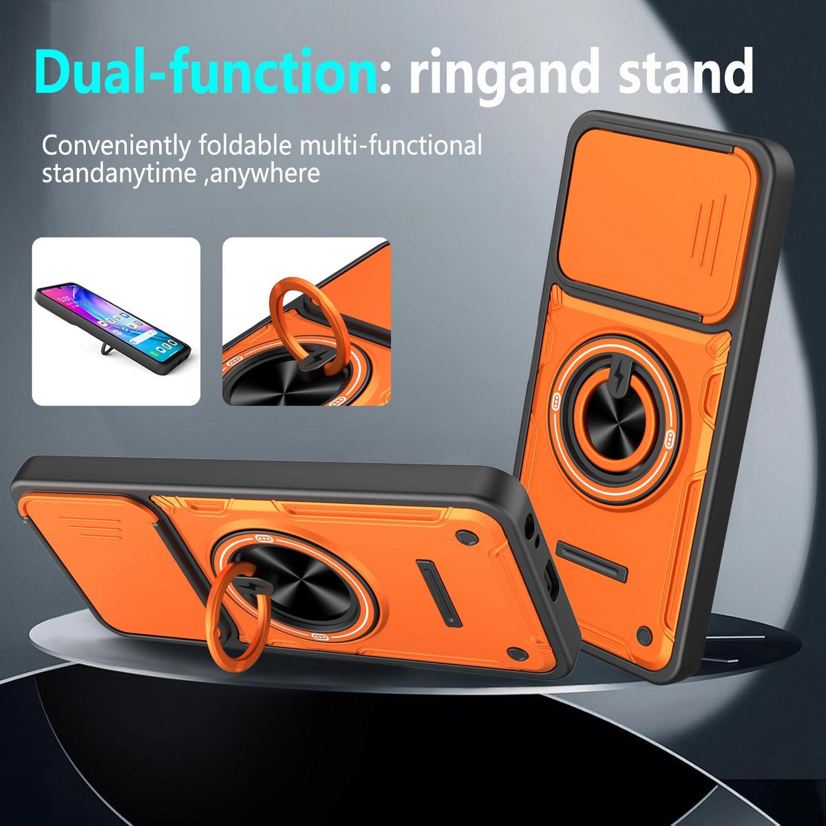 For Tecno Spark Go 3 / Pop 20 4G Multifunctional Sliding Camshield Ring Holder Phone Case - Black - EDA009722306C