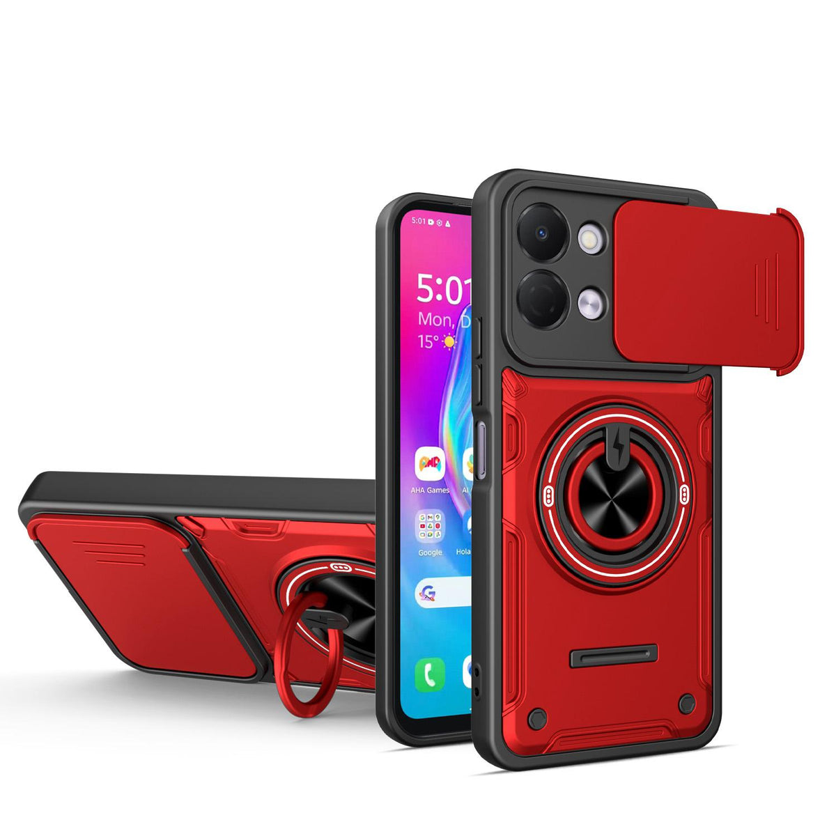 For Tecno Spark Go 3 / Pop 20 4G Multifunctional Sliding Camshield Ring Holder Phone Case - Red - EDA009722306D