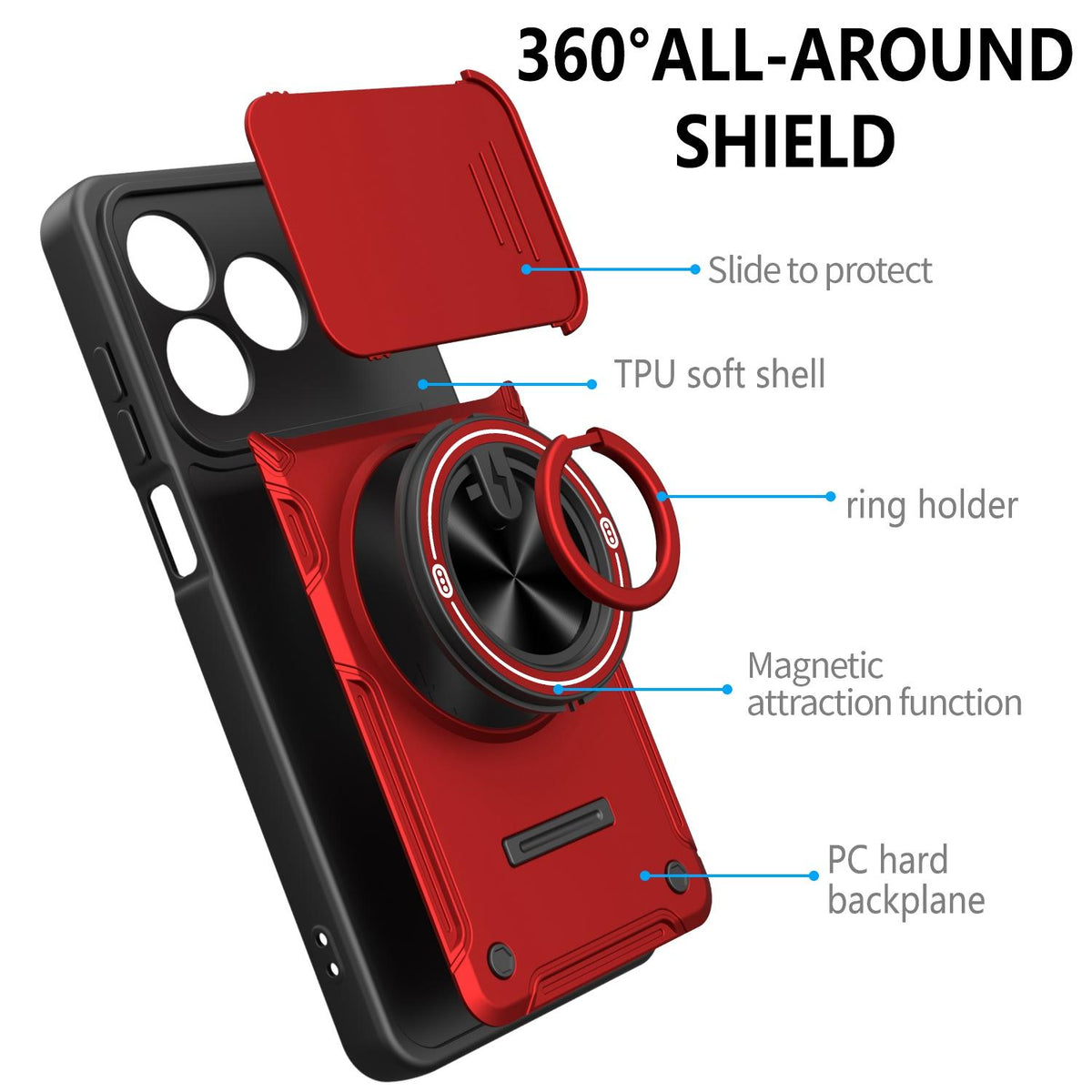 For Honor X5c 4G / X5c Plus Multifunctional Sliding Camshield Ring Holder Phone Case - Orange - EDA009722601A