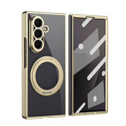 For Galaxy Z Fold5 Clear Plated Magnetic Ring Holder Integrated Film Phone Case - Gold - EDA009724104A