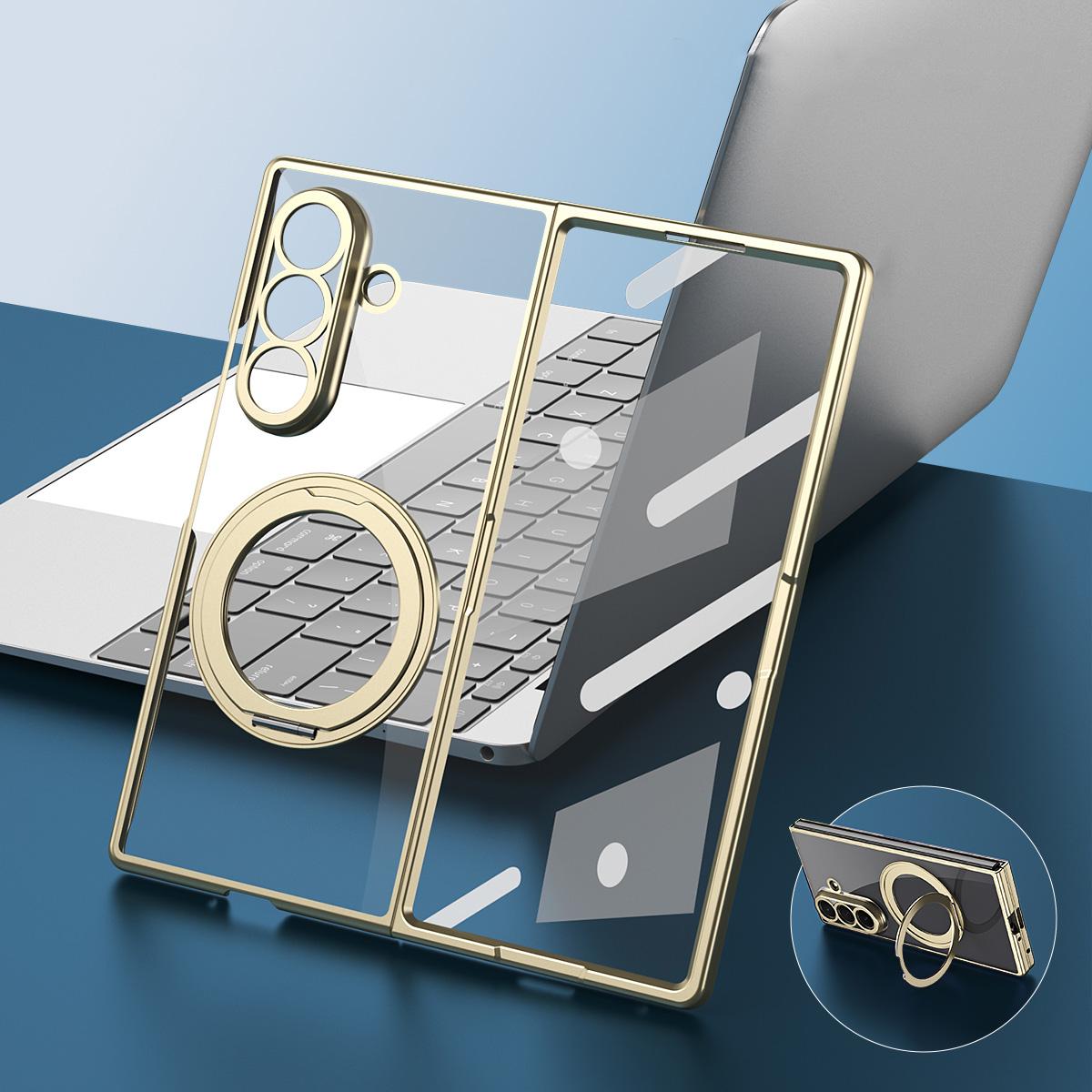 For Galaxy Z Fold5 Clear Plated Magnetic Ring Holder Integrated Film Phone Case - Gold - EDA009724104A