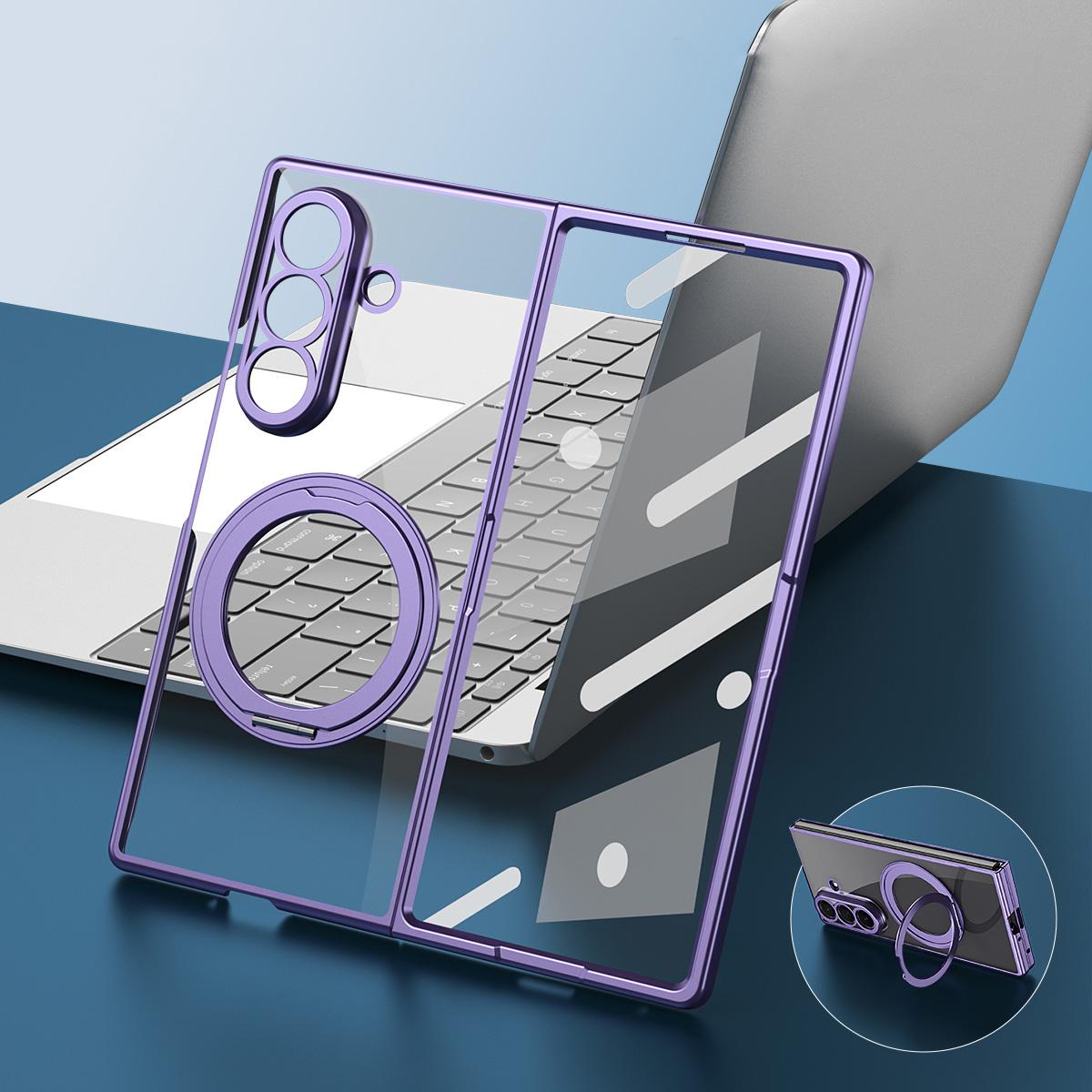 For Galaxy Z Fold5 Clear Plated Magnetic Ring Holder Integrated Film Phone Case - Purple - EDA009724104B