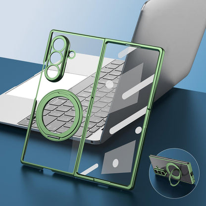 For Galaxy Z Fold5 Clear Plated Magnetic Ring Holder Integrated Film Phone Case - Green - EDA009724104C
