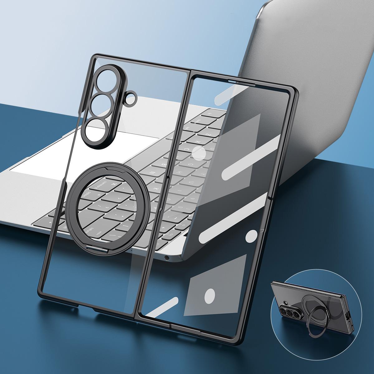 For Galaxy Z Fold5 Clear Plated Magnetic Ring Holder Integrated Film Phone Case - Black - EDA009724104D