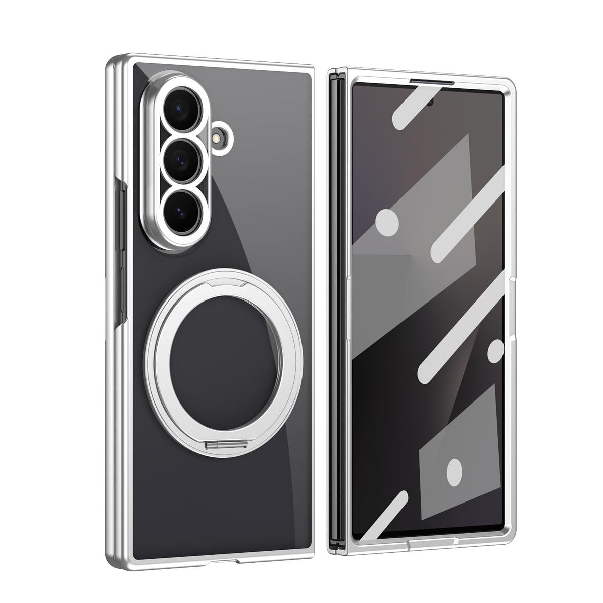 For Galaxy Z Fold5 Clear Plated Magnetic Ring Holder Integrated Film Phone Case - Silver - EDA009724104E