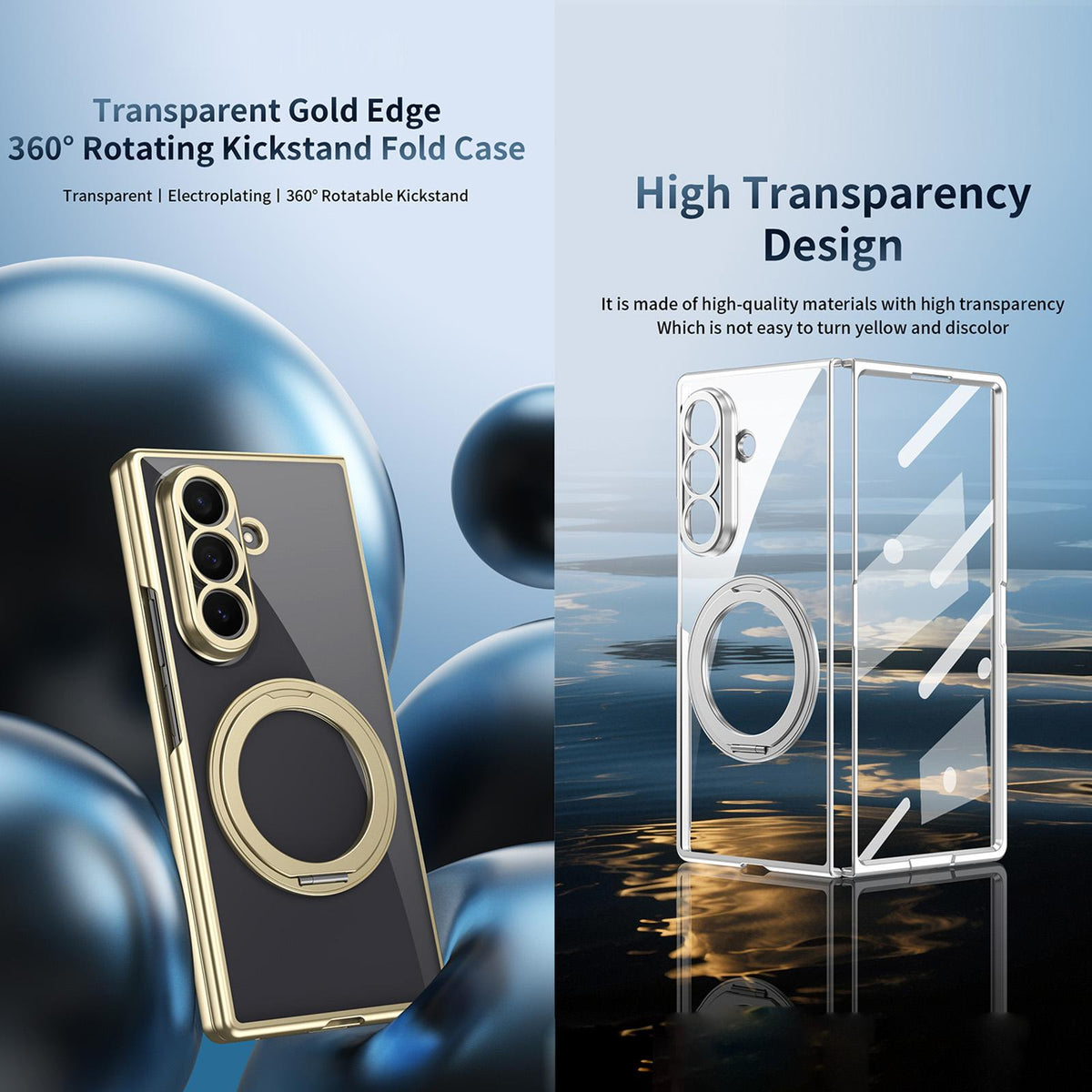 For Galaxy Z Fold5 Clear Plated Magnetic Ring Holder Integrated Film Phone Case - Gold - EDA009724104A