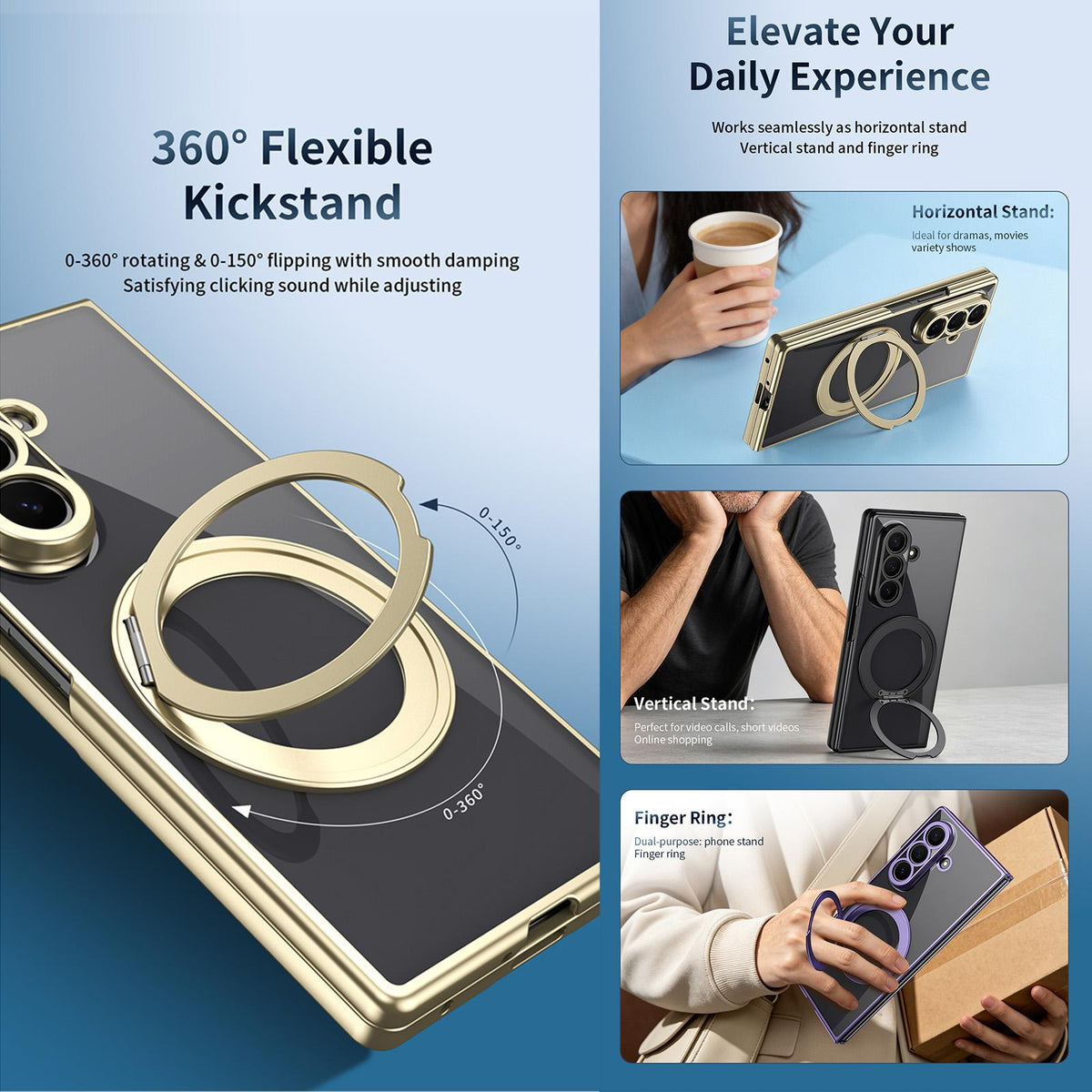 For Galaxy Z Fold5 Clear Plated Magnetic Ring Holder Integrated Film Phone Case - Gold - EDA009724104A