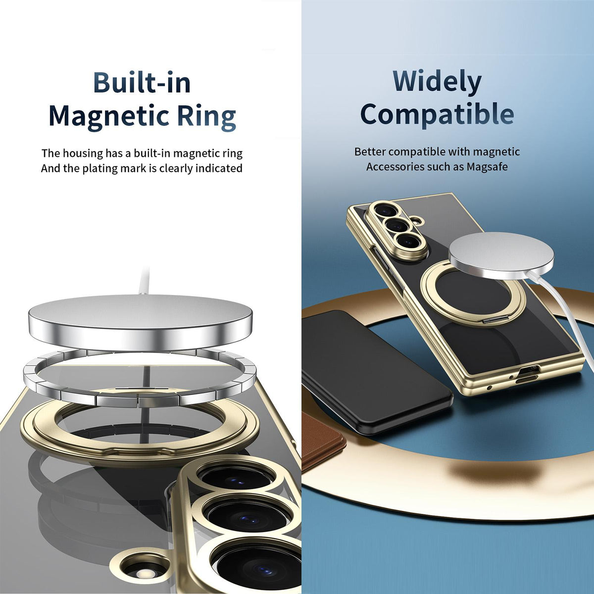 For Galaxy Z Fold5 Clear Plated Magnetic Ring Holder Integrated Film Phone Case - Gold - EDA009724104A