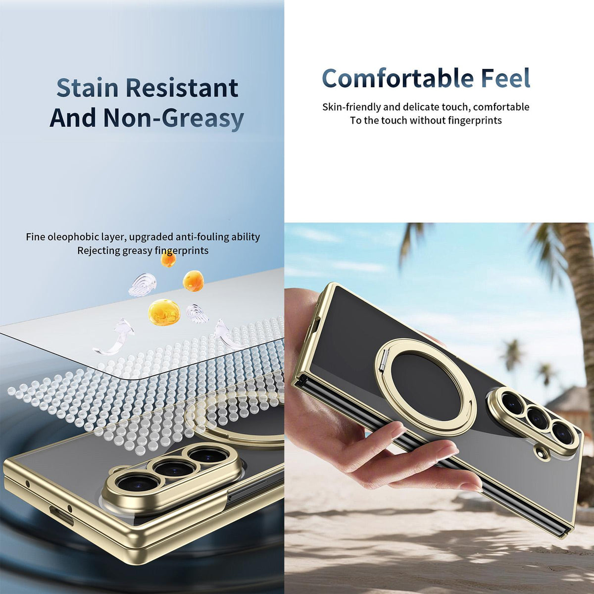 For Galaxy Z Fold5 Clear Plated Magnetic Ring Holder Integrated Film Phone Case - Gold - EDA009724104A